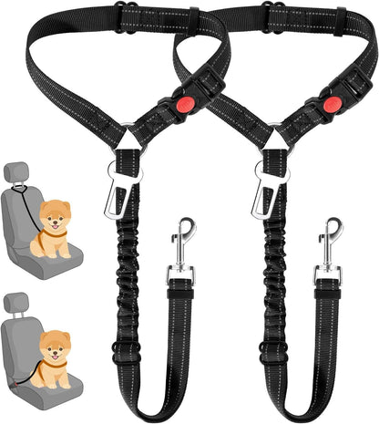 Dog Seat Belt for Car, 2 Pack Dog Car Harness Seatbelt with Bungee | 2 in 1 Pet Car Leash Headrest Restraint & Dog Safety Tether Clip, Adjustable with Elastic Buffer, Reflective, Black S