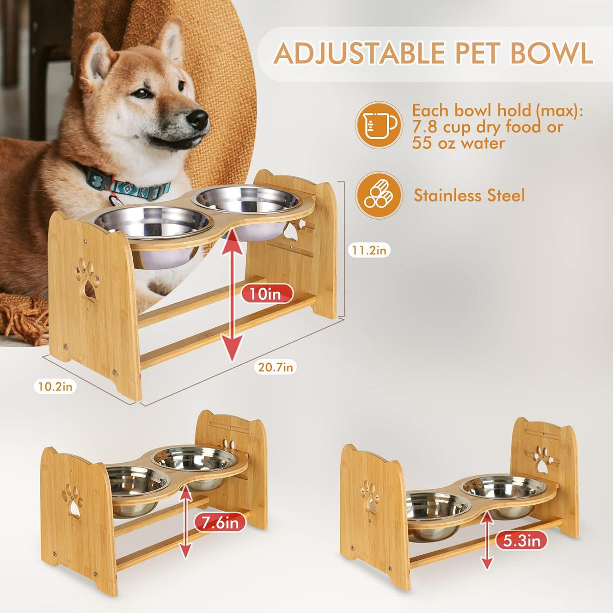 Elevated Dog Bowls for Cats and Dogs, Adjustable Bamboo Raised Dog Bowls for Large Dog, Food and Water Stand Feeder with 2 Stainless Steel Bowls anti Slip Feet (Height 5.1" to 7.5" to 10")…