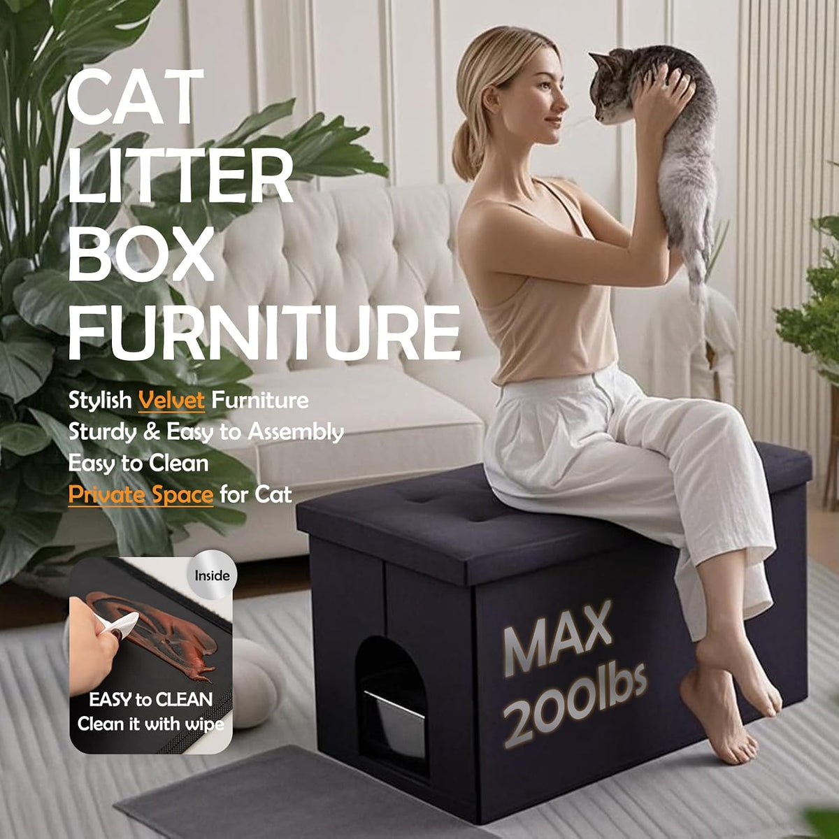 Stylish XXL Velvet Cat Litter Box Enclosure with Lift-Top Design
