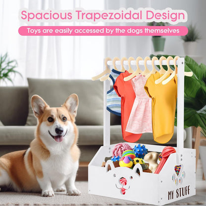 Dog Storage Organizer Wooden Closet Toy Bin Clothes Rack Hangers Pink/White
