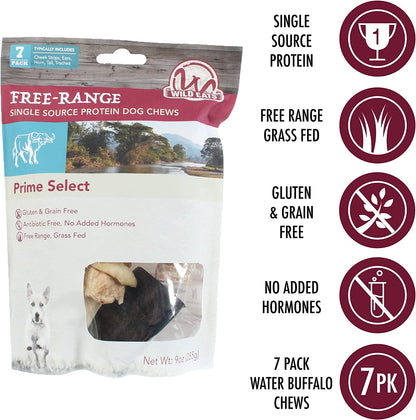 Water Buffalo Prime Select Bone Assortment Dog Chews, Pack of 7 | Long Lasting Treats, Grain Free and Gluten Free, 0.56 Lb Bag, Mix of Shapes and Sizes That Keeps Pups Busy and Satisfied