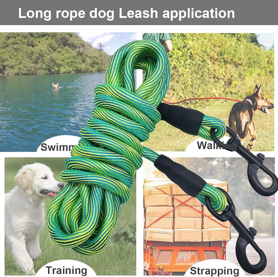 8/12/20/30/50/75Ft Dog Tie-Out Long Tether Rope Dog Lead for Yard | Large Medium Dogs Outdoor Yard Leash- Training, Playing, Camping, Backyard (Green, 50 Foot)