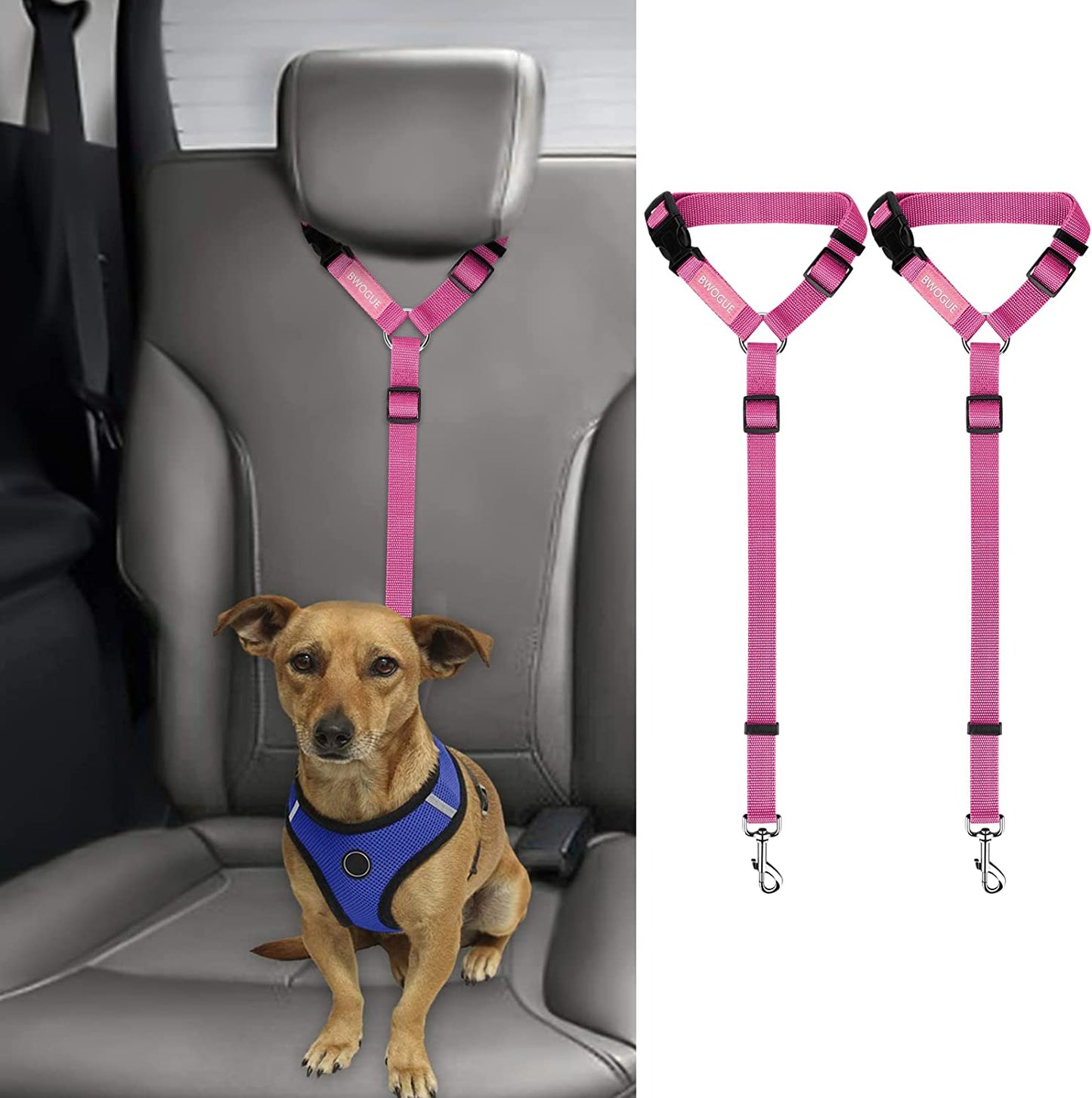 2 Pack Dog Seat Belt for Car, Headrest Restraint Nylon Safety Straps | Adjustable 18-30 in Length, Headrest Loop for Car Travel, 2 Pack for Dogs and Cats, Use with Dog Harness, Zinc Alloy Snap