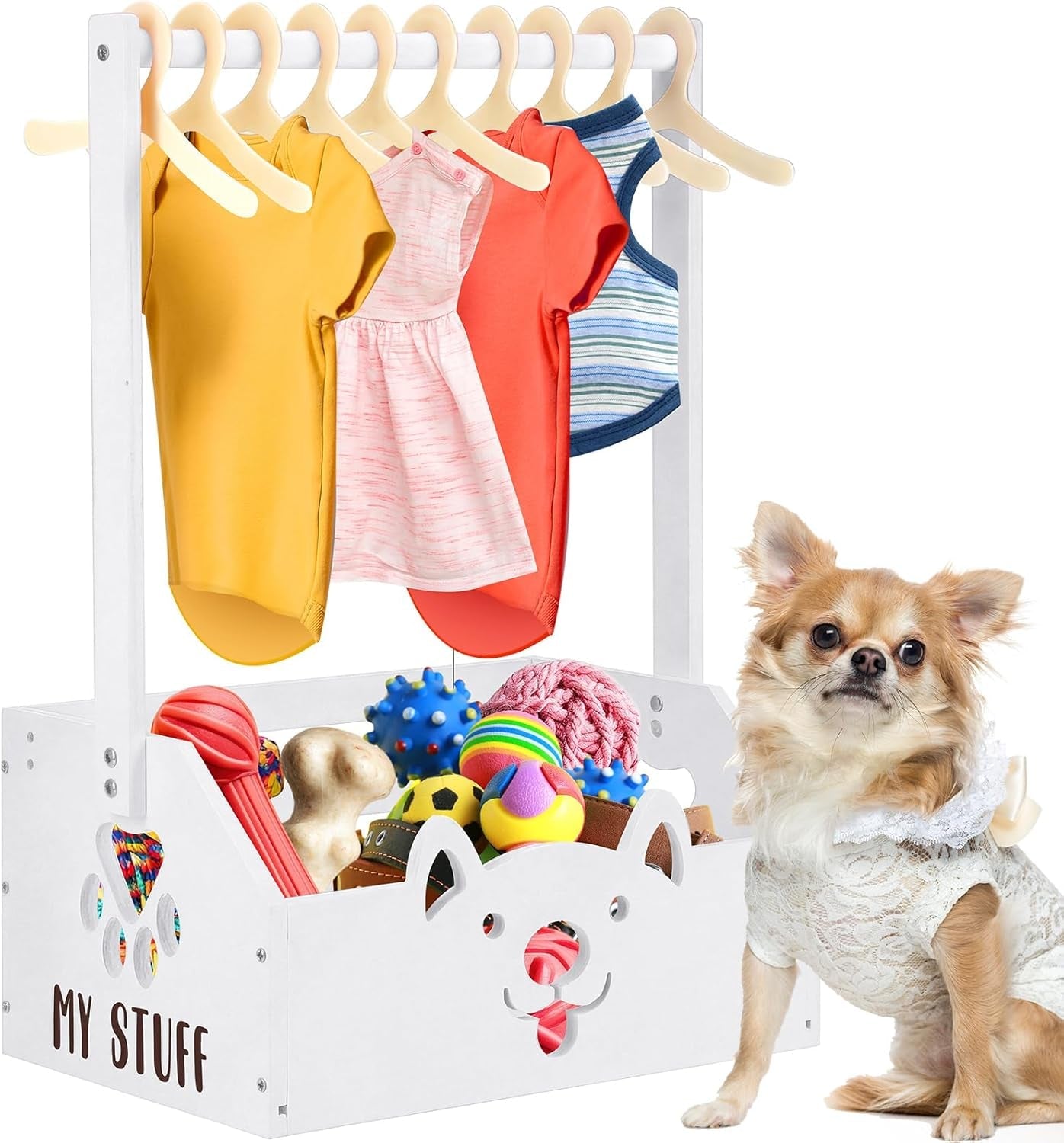 Dog Storage Organizer Wooden Closet Toy Bin Clothes Rack Hangers Pink/White