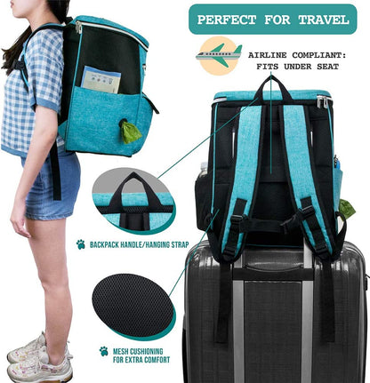 Dog Travel Backpack 27L Airline Approved Pet Supplies Bag, Teal Blue | Cat Traveling Suitcase Organizer for Weekend Road Trip Camping; 2 Food Containers, 2 Collapsible Bowls & Poop Bag Dispenser