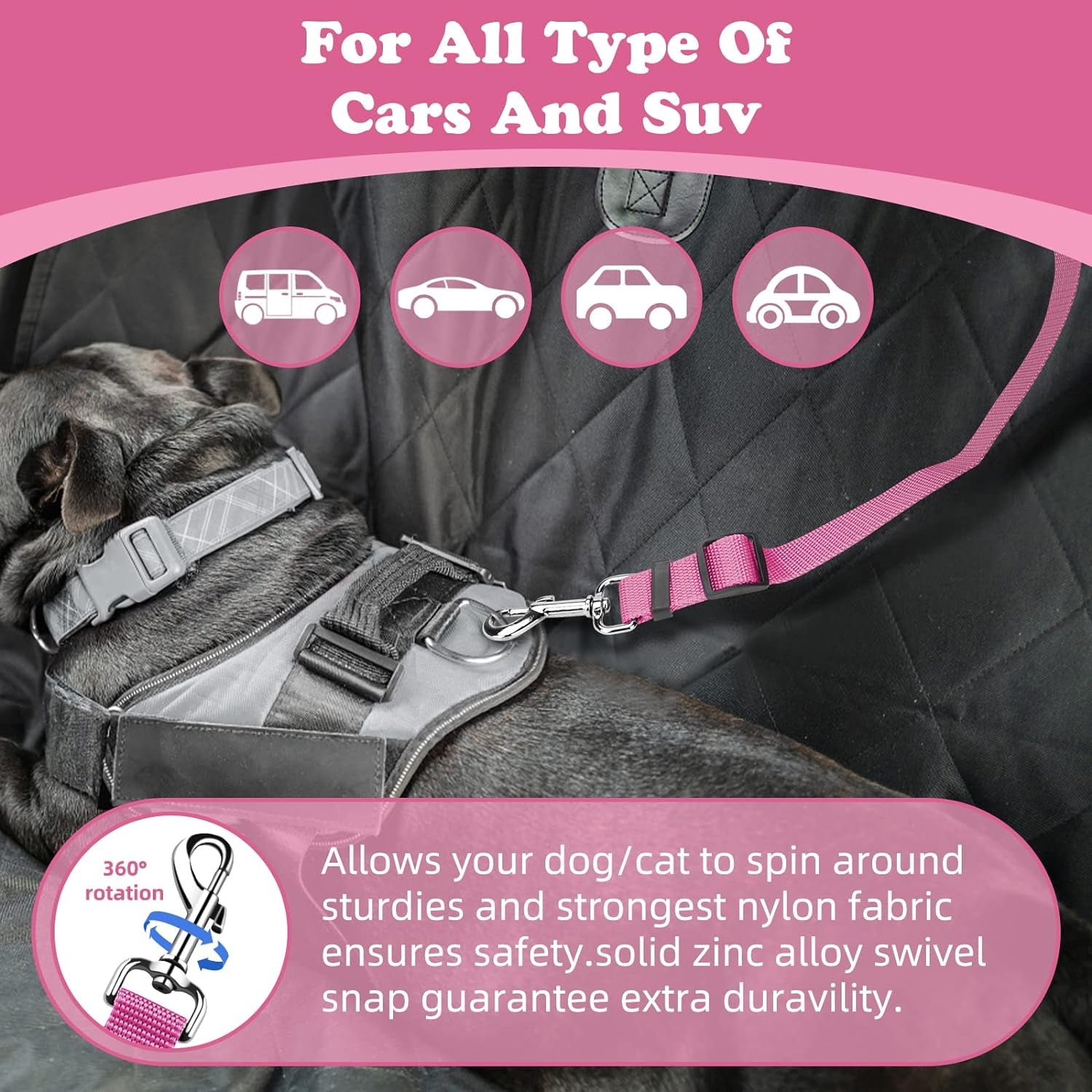 2 Pack Dog Seat Belt for Car, Headrest Restraint Nylon Safety Straps | Adjustable 18-30 in Length, Headrest Loop for Car Travel, 2 Pack for Dogs and Cats, Use with Dog Harness, Zinc Alloy Snap