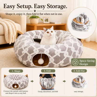 Large Cat Tunnel Bed under Christmas Tree with Fluffy Toy Balls, Small Cushion and Flexible Design- 10 Inch Diameter, 3 Ft Length- Great for Cats, and Small Dogs, Gray Geometric Figure