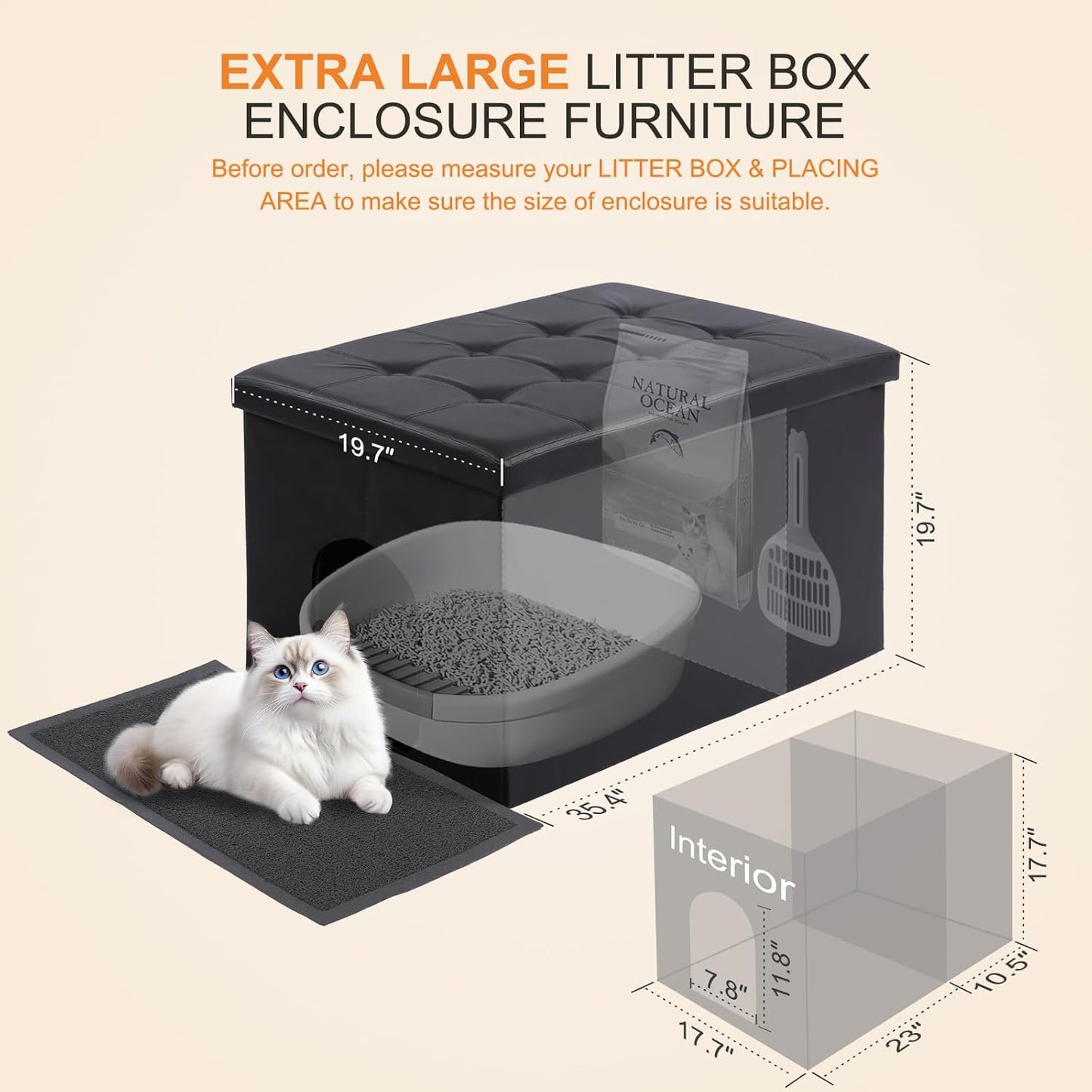 Cat Litter Box Enclosure Furniture Odor Control, Extra Large | XXL Hidden Cat Litter Box Bench Ottoman, Storage Cabinet Dog Proof, Waterproof Inside, Easy Clean, Easy Assembly, Black
