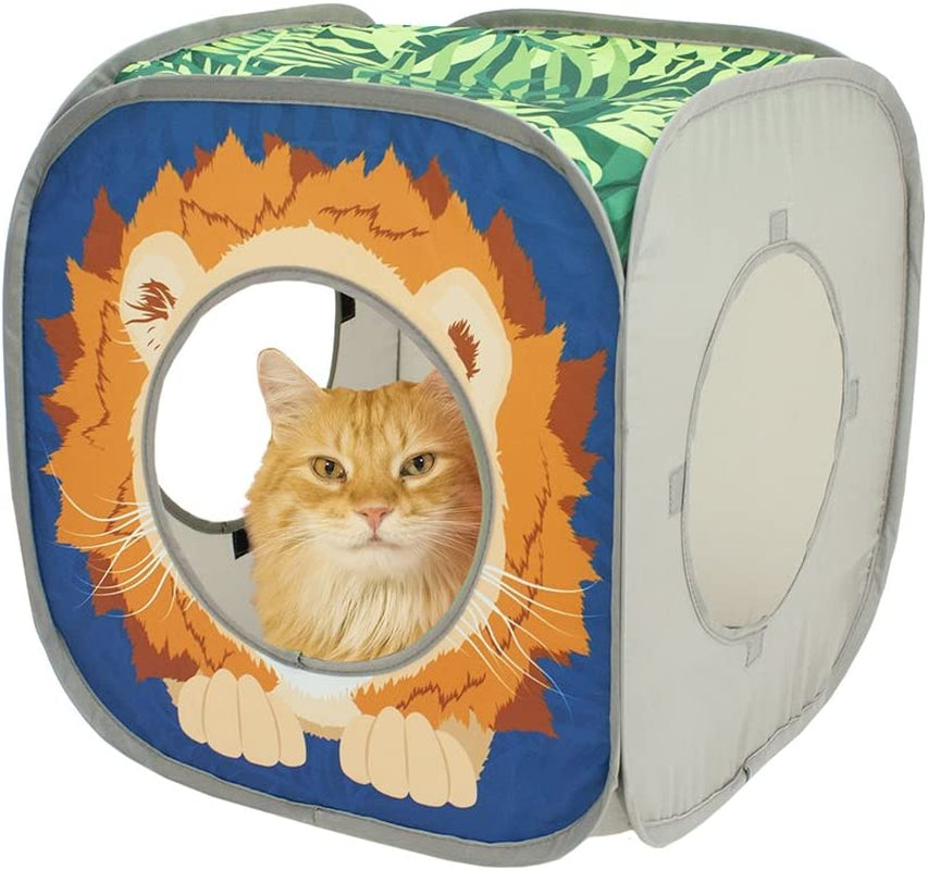 Safari Jungle Pop-Up Cat Cube, Collapsible Indoor Cat Hideout & Play Cube with Peekaboo Openings, Easy Storage, 15” X 15” X 15”