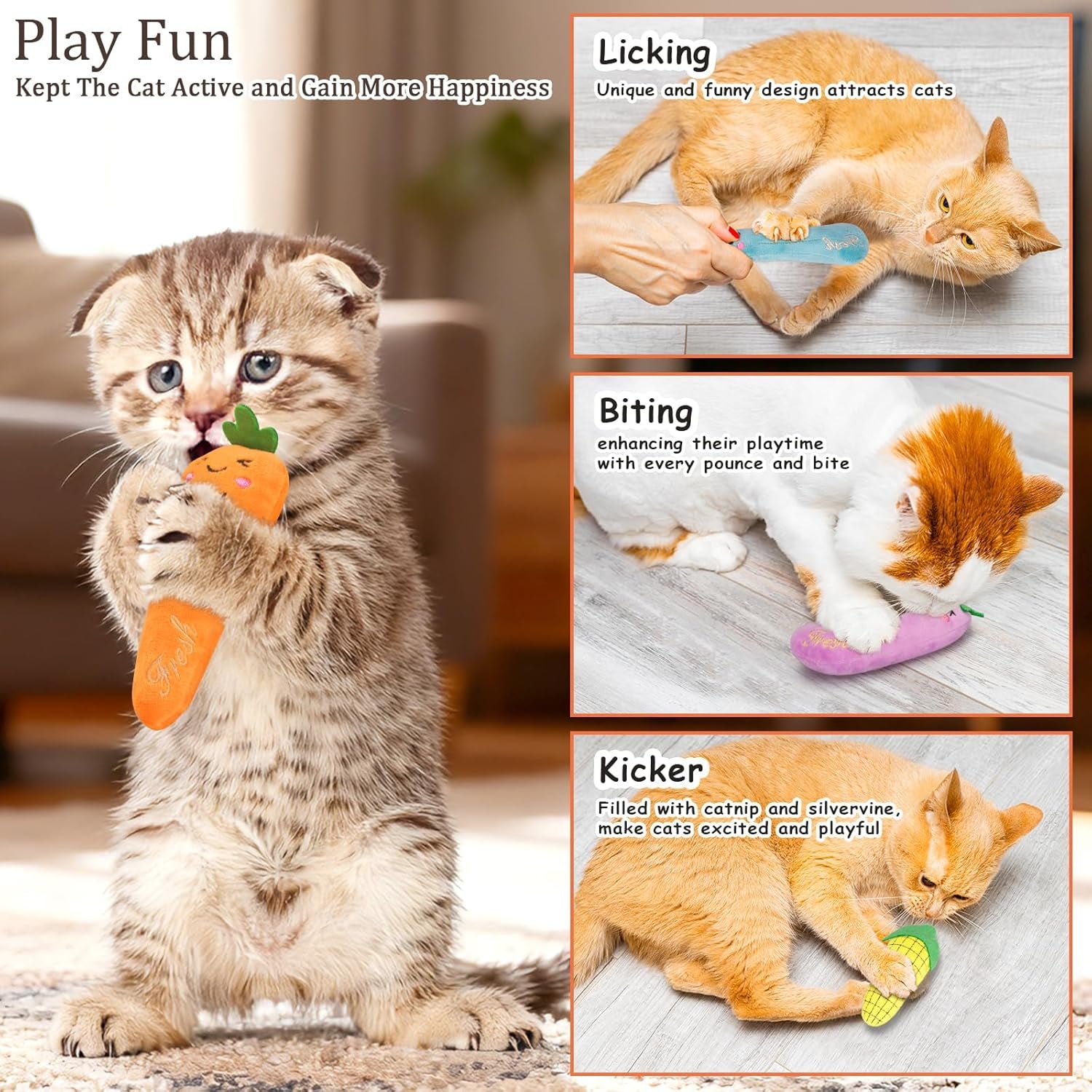 Catnip Cat Toys for Indoor Cats Kitten, 5 Pack, Vegetable Shape | Cat Nip Toys Soft and Durable, Interactive Kitty Kicker Chew Safe Teeth Cleaning Toy