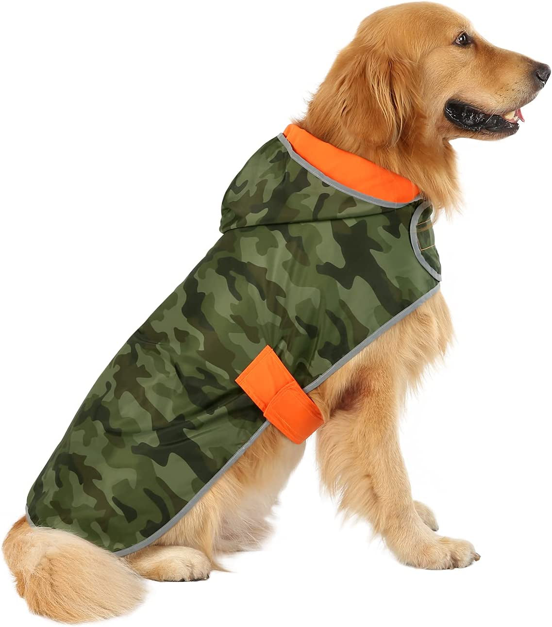 2-In-1 Reversible Dog Raincoat Hooded Poncho Rain Jacket Org Camo L | Double Sided, Built-In Leash Hole, Reflective Safety Strips, Folds into Storage Pouch, for Small to Extra Large Dog Breeds