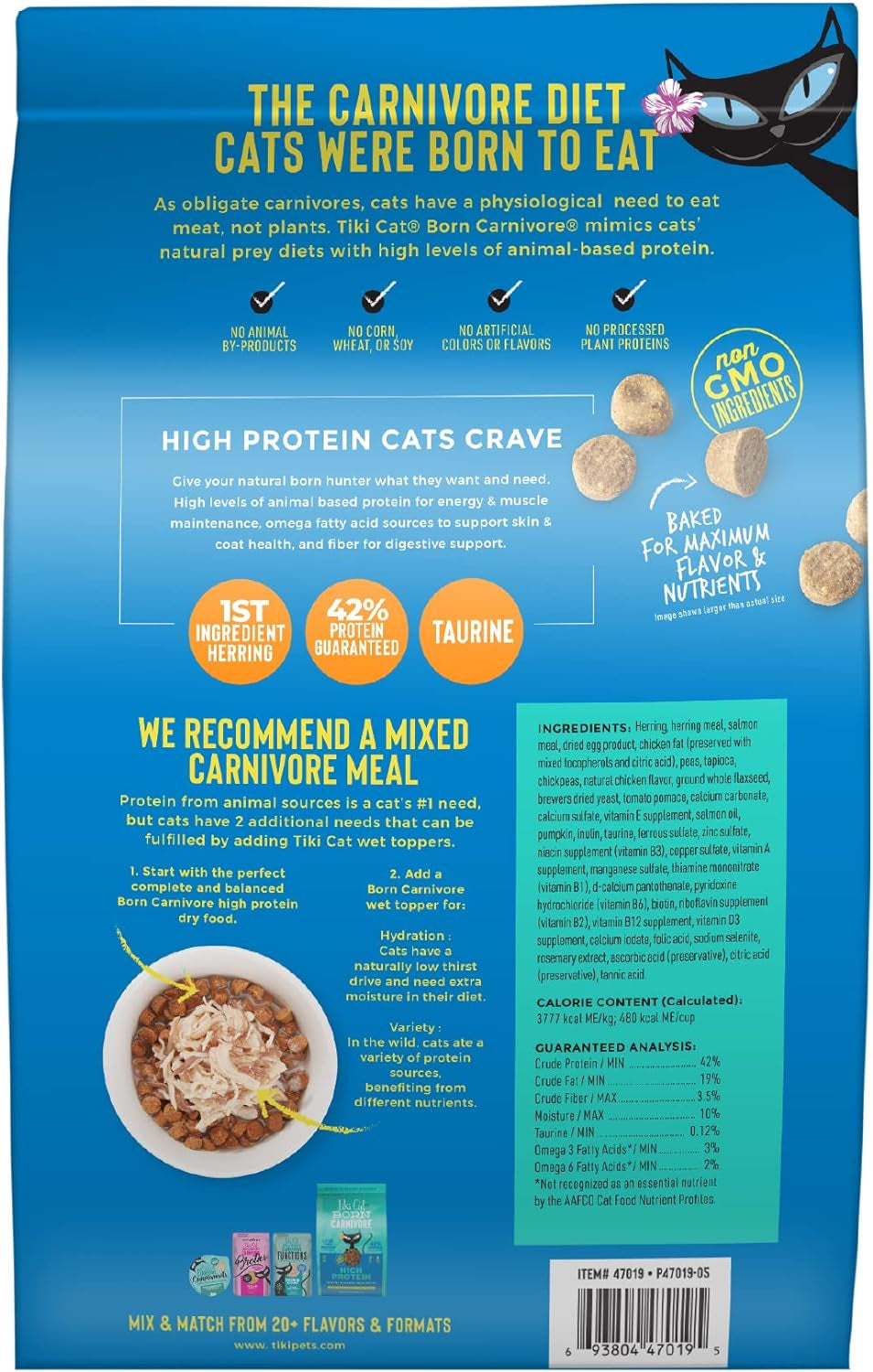Tiki Cat Born Carnivore Dry Cat Food, Herring & Salmon Meal, 11.1 Lbs. Bag | Dry Cat Food, Baked Kibble to Maximize Nutrients, High Protein, Herring and Salmon Meal, Minimally Processed, 11.1 Lbs. Bag