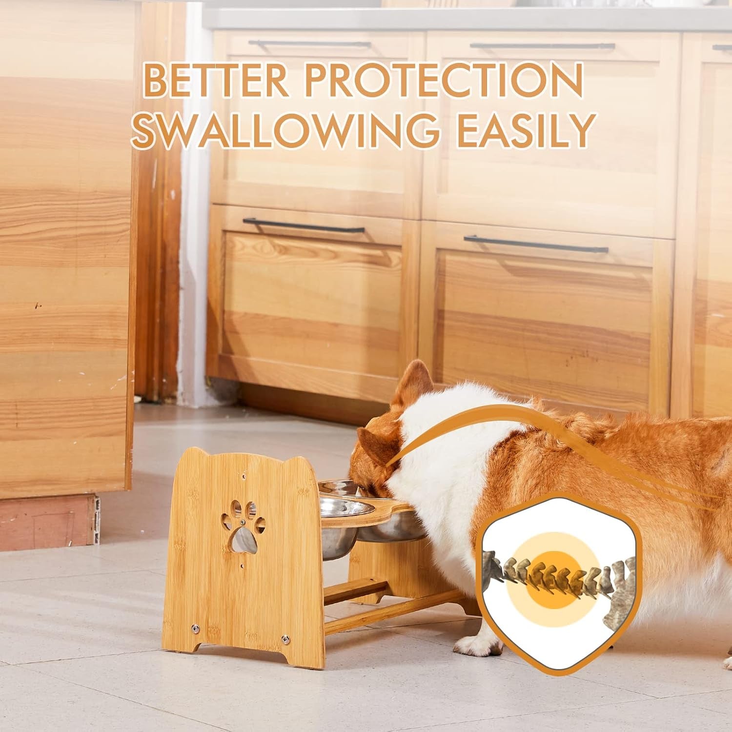 Elevated Dog Bowls for Cats and Dogs, Adjustable Bamboo Raised Dog Bowls for Large Dog, Food and Water Stand Feeder with 2 Stainless Steel Bowls anti Slip Feet (Height 5.1" to 7.5" to 10")…