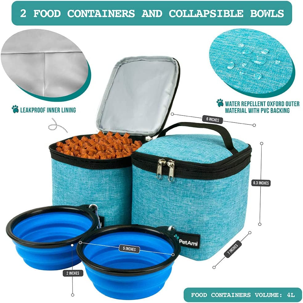 Dog Travel Backpack 27L Airline Approved Pet Supplies Bag, Teal Blue | Cat Traveling Suitcase Organizer for Weekend Road Trip Camping; 2 Food Containers, 2 Collapsible Bowls & Poop Bag Dispenser