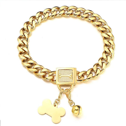 Gold Chain Dog Collar Walking Trainning Chain Collar with CZ Lock ID Tag and Bell Chew Proof 11MM/15MM/19MM Stainless Steel Cuban Link Chain for Small Medium Large Dogs (19Mm, 18Inch)