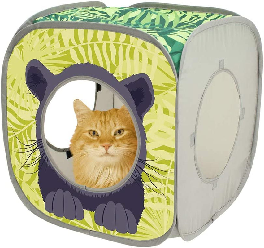 Safari Jungle Pop-Up Cat Cube, Collapsible Indoor Cat Hideout & Play Cube with Peekaboo Openings, Easy Storage, 15” X 15” X 15”