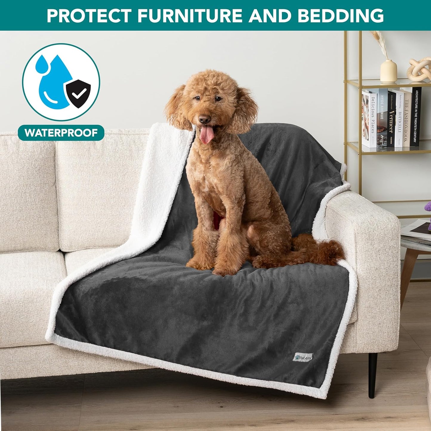Waterproof Dog Blanket for Small Dog Puppy Cat, 29X40, Charcoal | 460 GSM Sherpa Fleece Reversible, Pee Proof Pet Blanket, Furniture Protector Cover for Couch Sofa Kennel, Washable