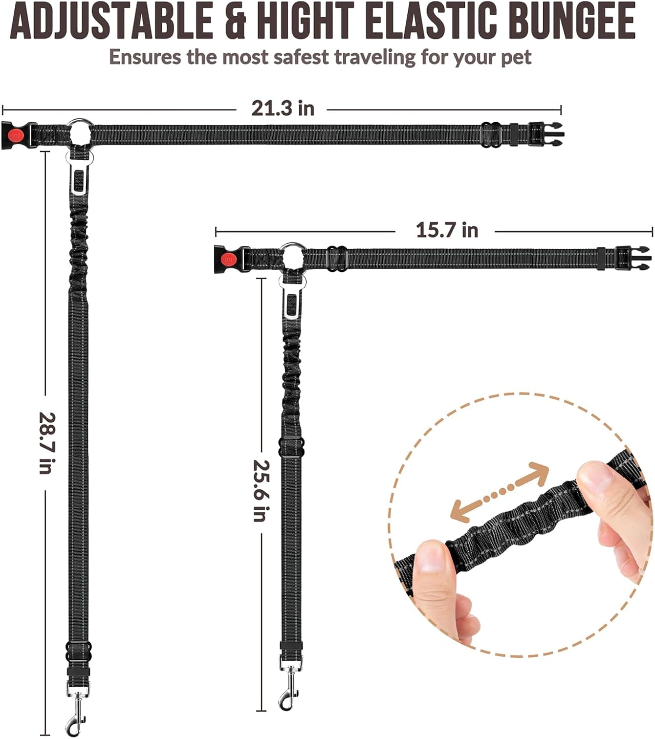Dog Seat Belt for Car, 2 Pack Dog Car Harness Seatbelt with Bungee | 2 in 1 Pet Car Leash Headrest Restraint & Dog Safety Tether Clip, Adjustable with Elastic Buffer, Reflective, Black S