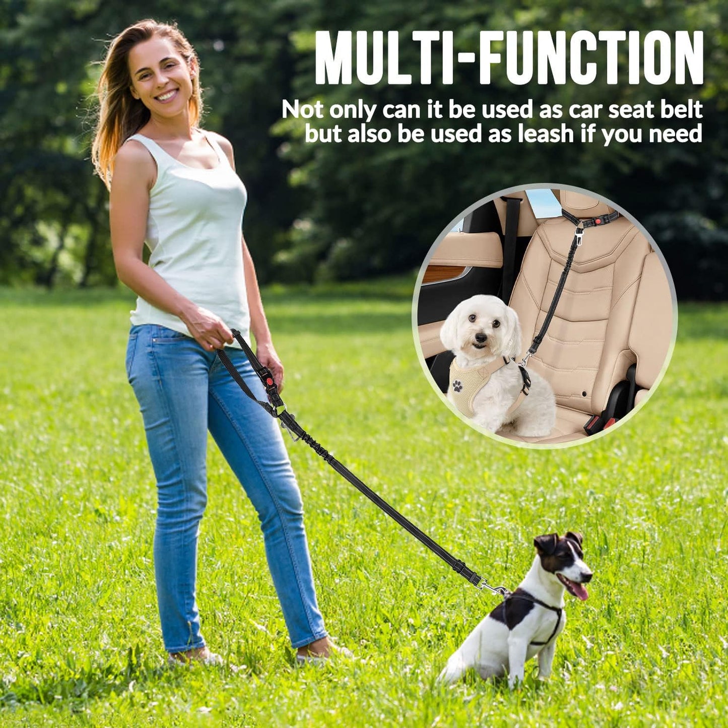Dog Seat Belt for Car, 2 Pack Dog Car Harness Seatbelt with Bungee | 2 in 1 Pet Car Leash Headrest Restraint & Dog Safety Tether Clip, Adjustable with Elastic Buffer, Reflective, Black S