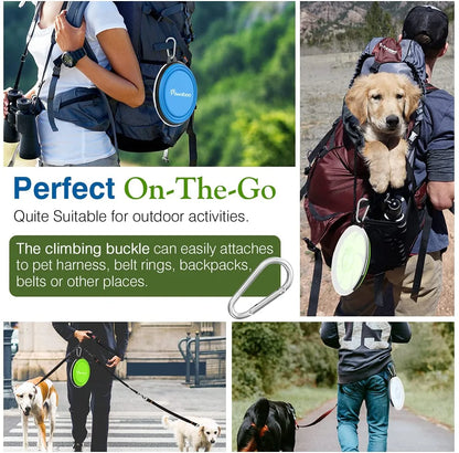 Collapsible Dog Bowls 2 Pack, Silicone Feeding Watering Bowls with Lids & Carabiners for Dogs Cats, Portable Water Feeder Food Bowl for Walking Traveling Home Use, 1000Ml, Blue + Green