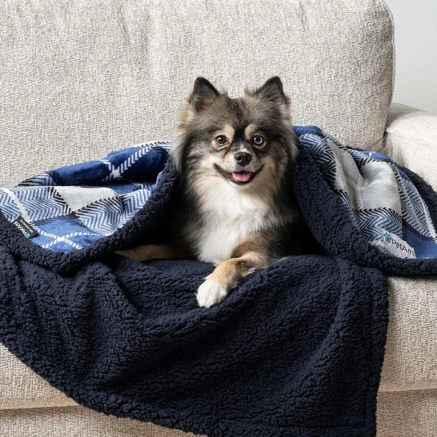 Waterproof Dog Blanket for Small Puppy Cat, 29X40, Plaid Light Grey | 460 GSM Sherpa Fleece Reversible, Pee Proof Pet Blanket, Furniture Protector Cover for Couch Sofa Kennel Crate, Washable